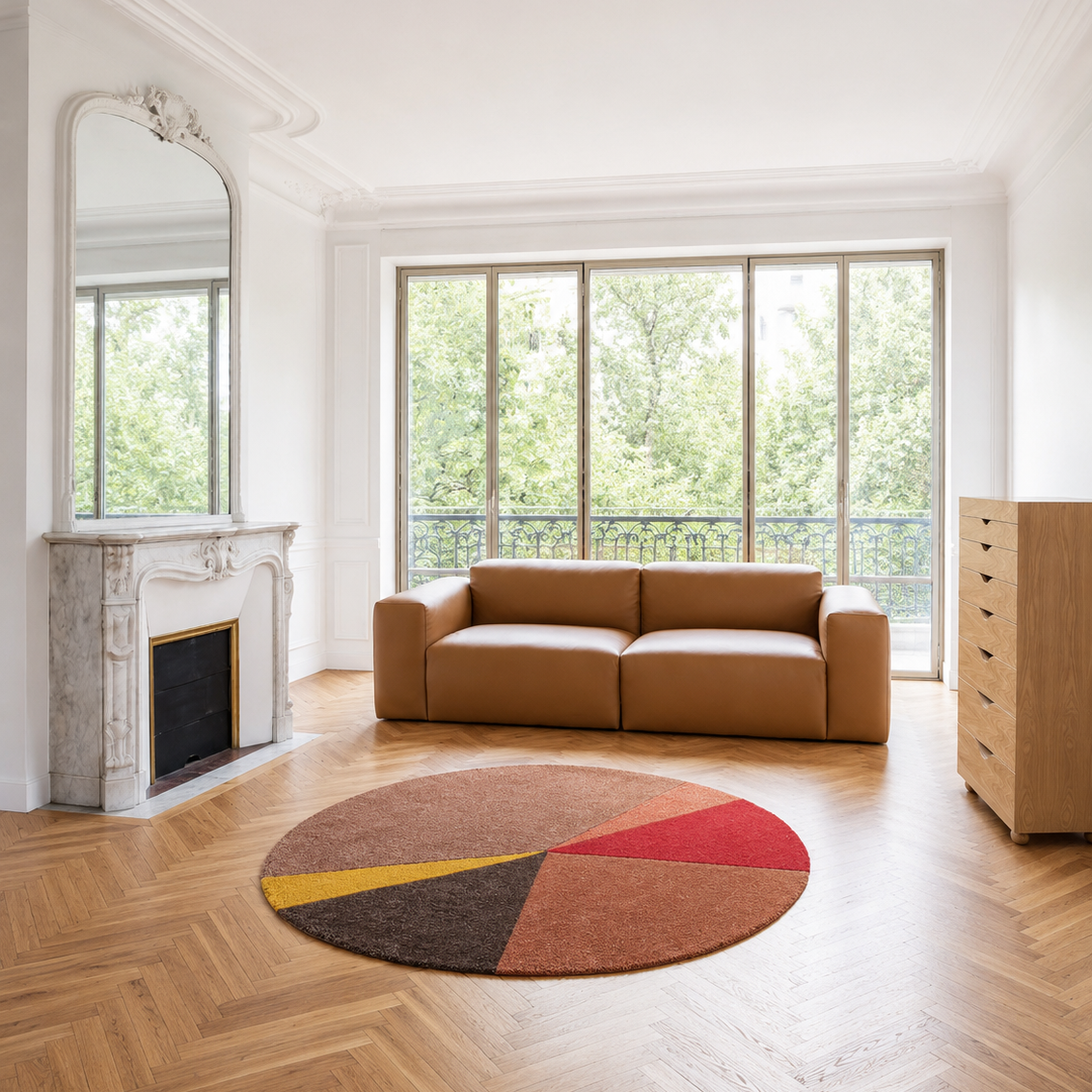 Tapete Porventura com um design luxuoso e estampado em cores vibrantes, que realça a textura detalhada do tecido e o estilo decorativo.