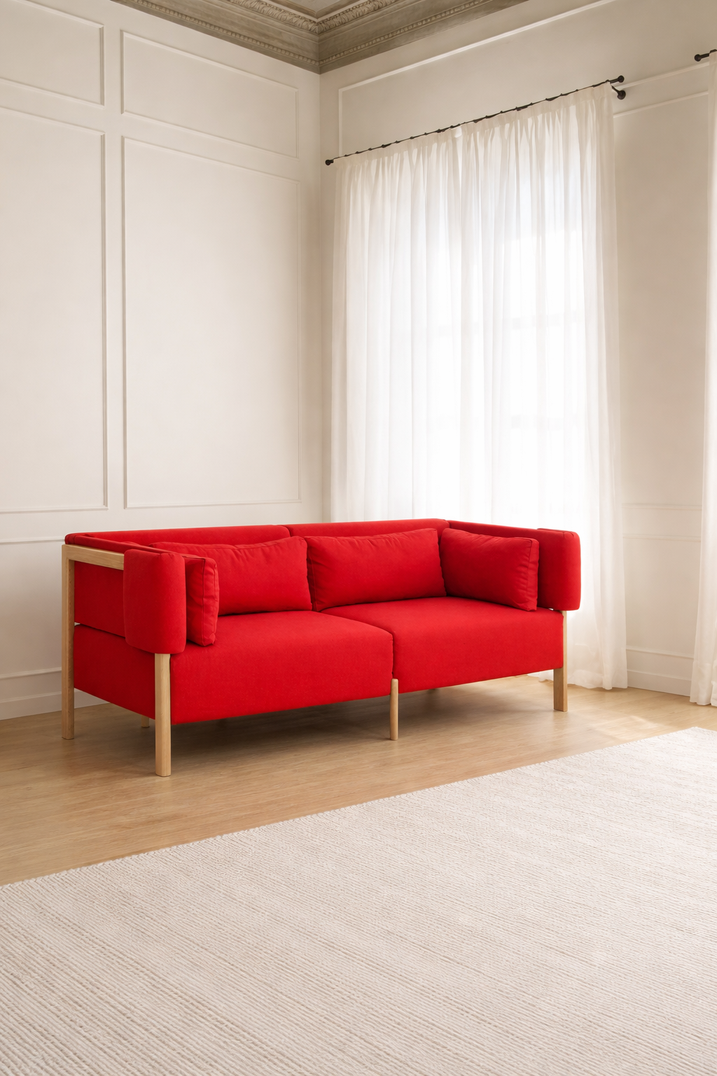 Porventura Cod three-seater sofa with plush fabric and modern design, featuring comfortable cushions and a sleek appearance.