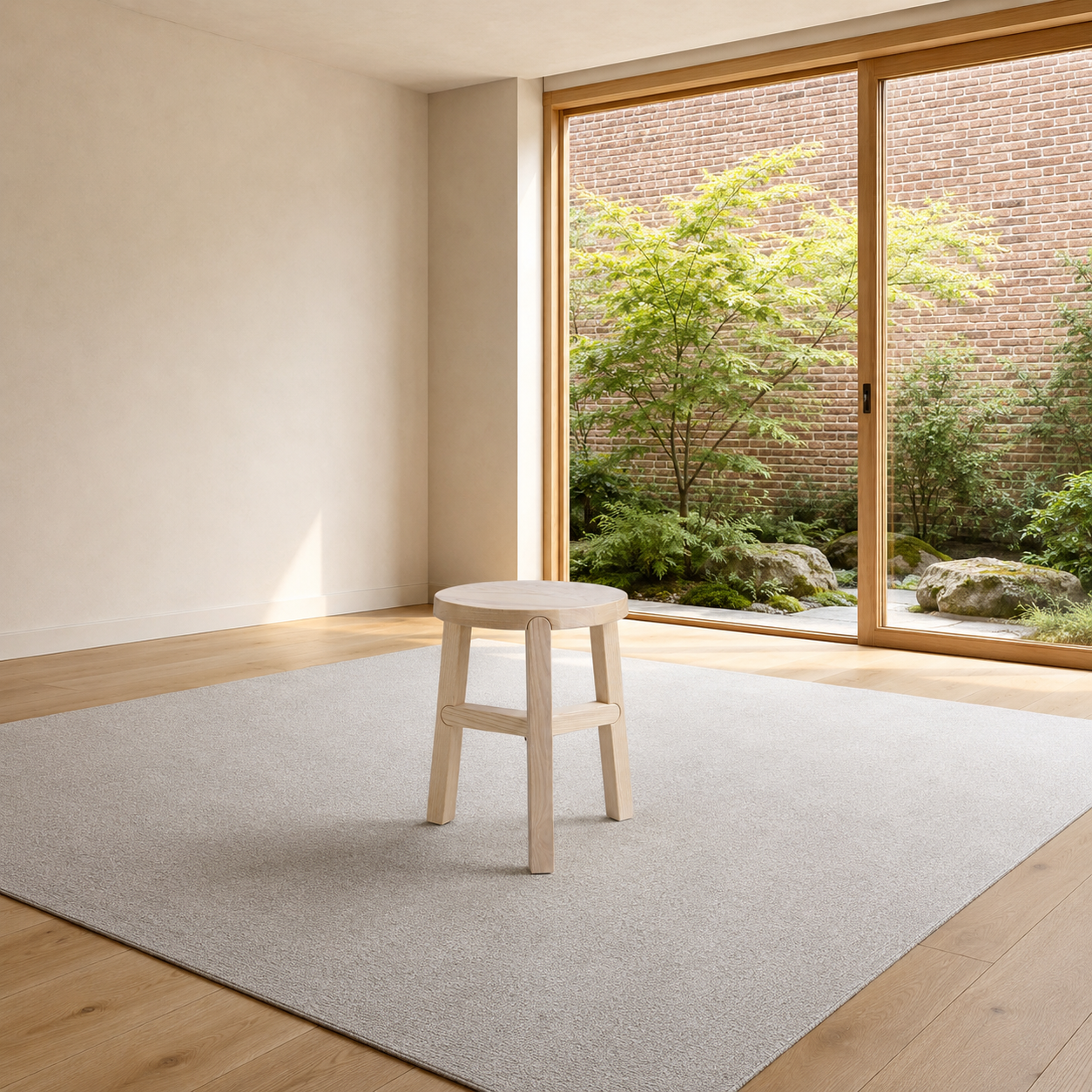 O banco Porventura Glyph, num ambiente interior moderno, exibe um design elegante e uma superfície lisa, ideal para uma decoração contemporânea.