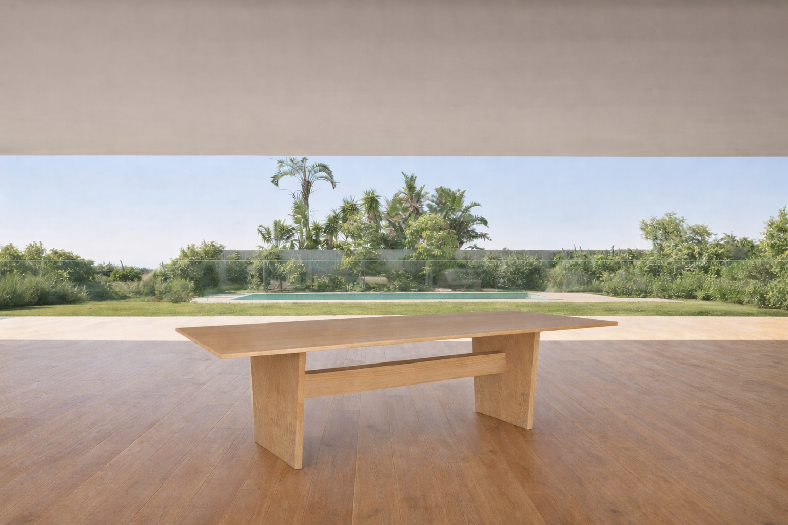 Mesa Porventura Nova com uma elegante superfície de madeira e design moderno, apresentada num ambiente bem iluminado.