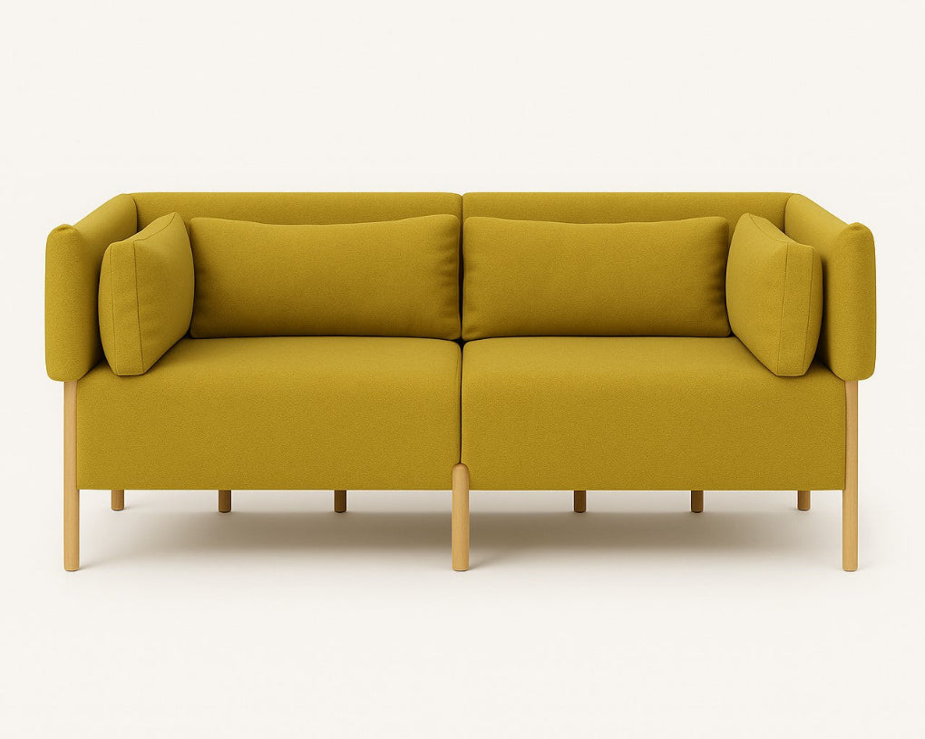 The COD sofa by Porventura, designed by Filipa Aguiar & João Pereira, pairs an exposed beech wood frame with Camira ERA Occasion – Yellow upholstery. Its contemporary design, balanced proportions and soft cushions create an inviting centrepiece for a modern living space.