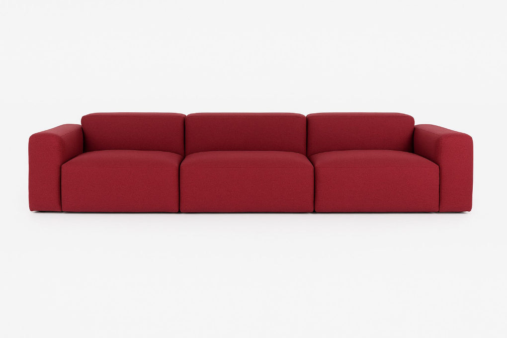 Porventura DEEP three-seater modular sofa, upholstered in red Camira Era Cycle fabric, with a contemporary design that brings comfort and a relaxed character to living spaces.