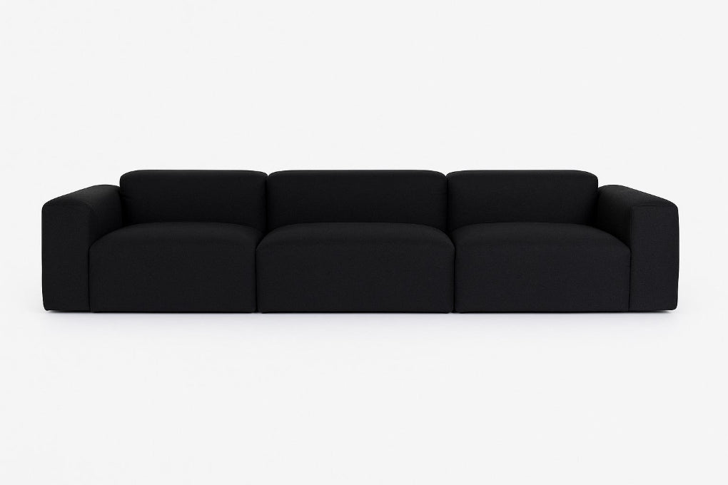 Porventura DEEP three-seater modular sofa, upholstered in black Camira Era Forward fabric, with a contemporary design that brings comfort and a relaxed character to living spaces.