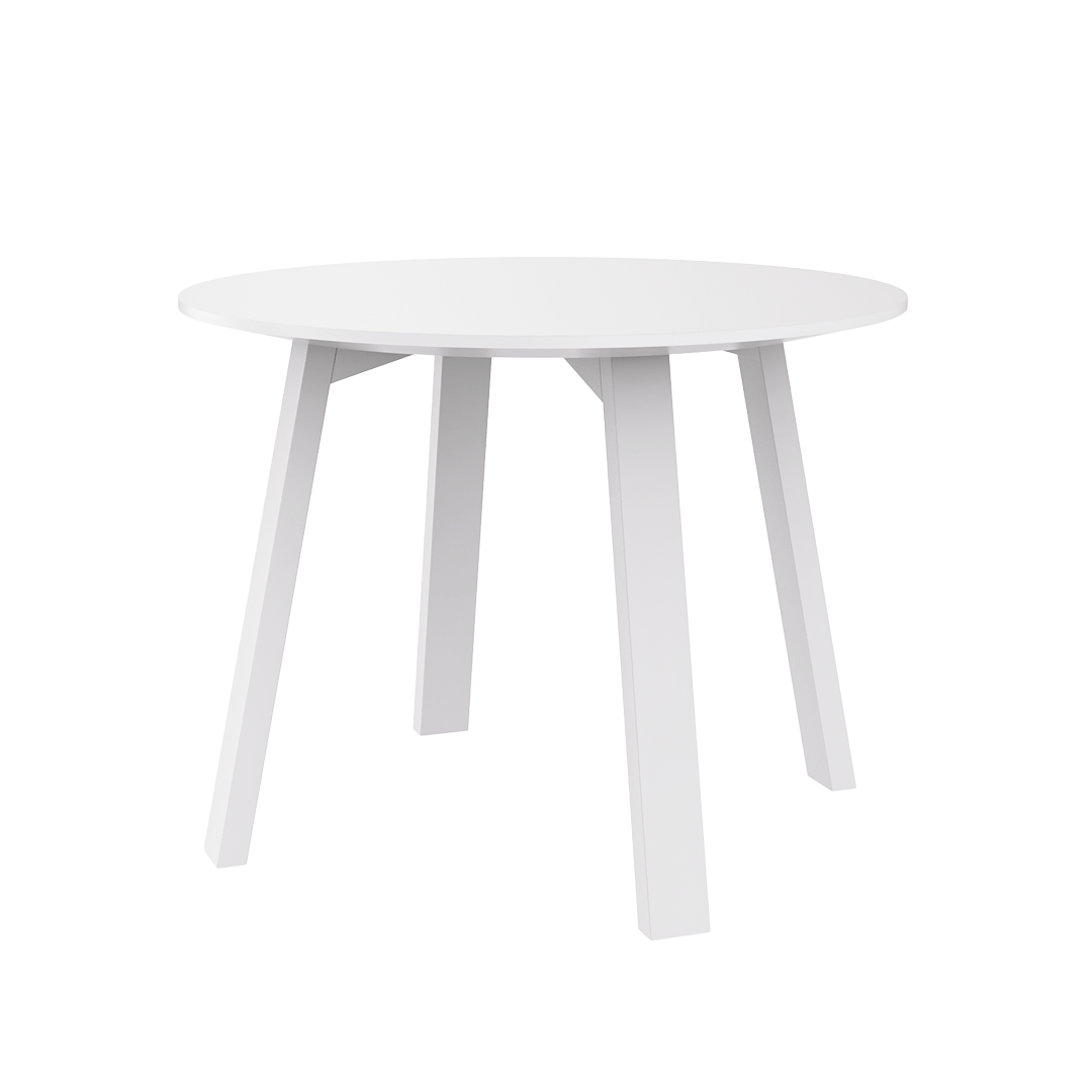 Mesa plana Porventura branca com um design elegante e minimalista, com um tampo liso branco e pés de madeira robustos.