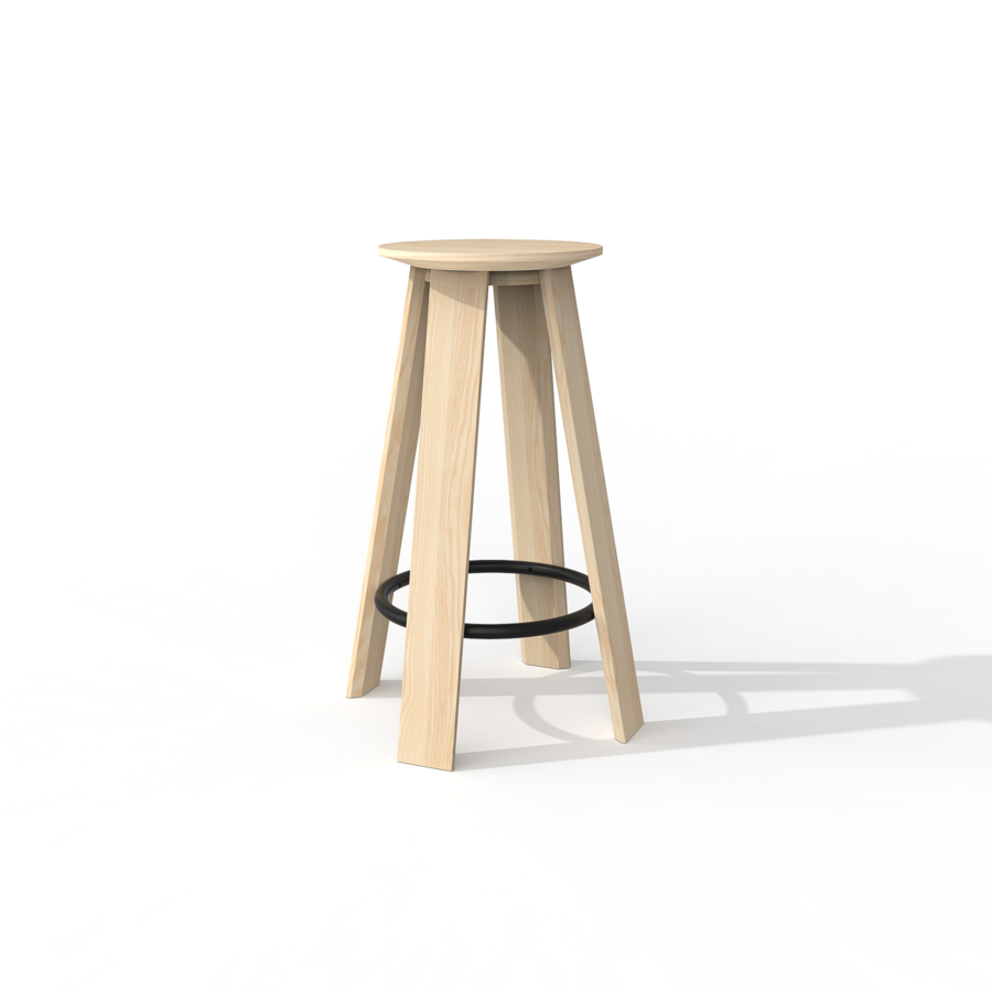 O banco linear Porventura apresenta um design elegante com pés em madeira e um assento redondo almofadado, ideal para espaços interiores modernos.