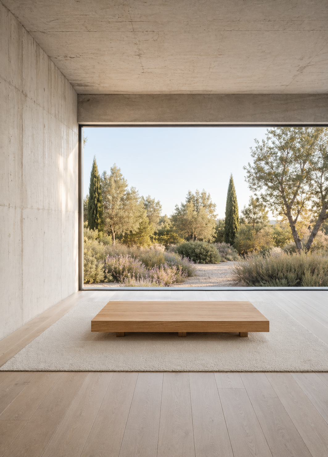 A mesa de centro Porventura Zeus apresenta um design moderno, com uma superfície elegante e pés robustos, como mostra a imagem.