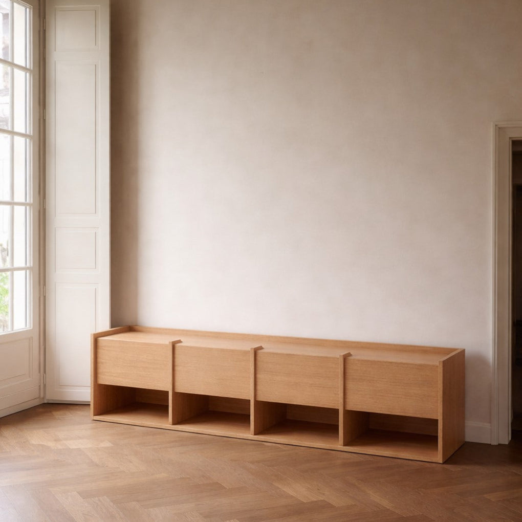Filipe Ventura MIES L sideboard in oak veneer, with a sleek finish, modern design, and spacious storage, shown in a contemporary living space.