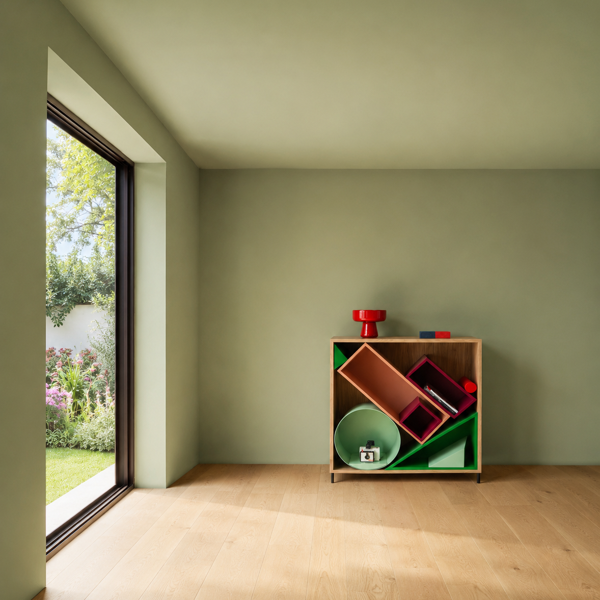 Caixa de areia com prateleiras Porventura, com vários compartimentos, fabricada em material resistente, concebida para arrumação e exposição organizada.