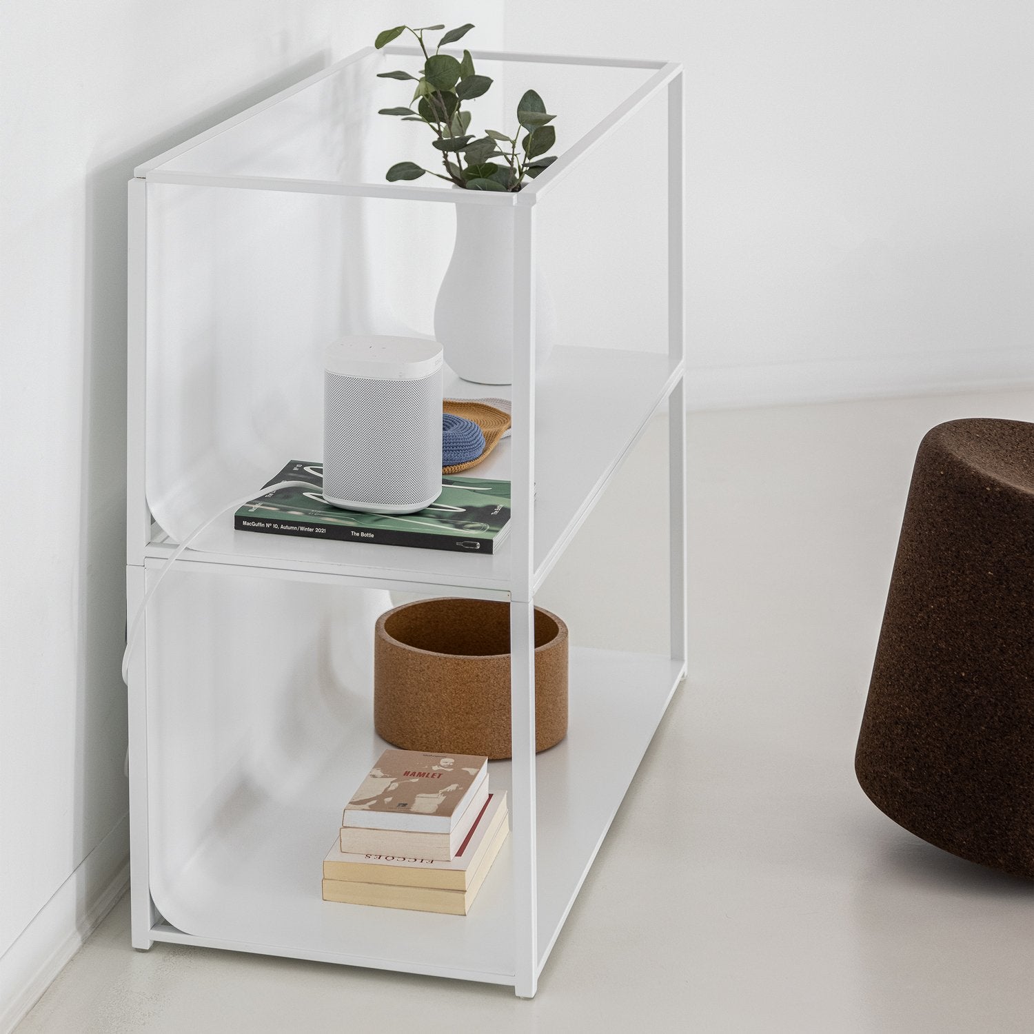 Porventura Curve shelving unit with sleek, curved design and wood finish, ideal for modern home storage.
