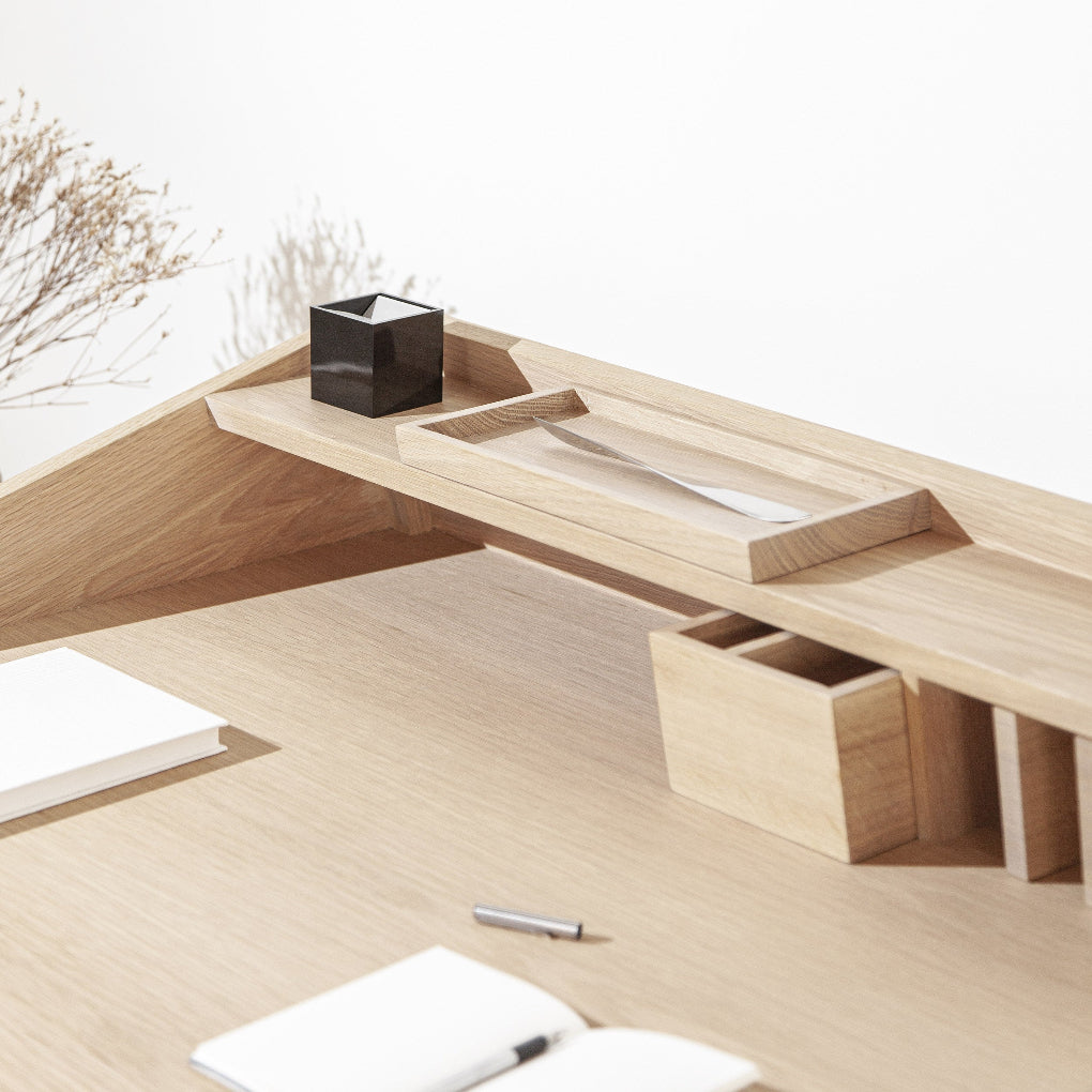 Elegant wooden Torta table by Miguel Soeiro with a smooth surface and sturdy legs, designed for modern working spaces.
