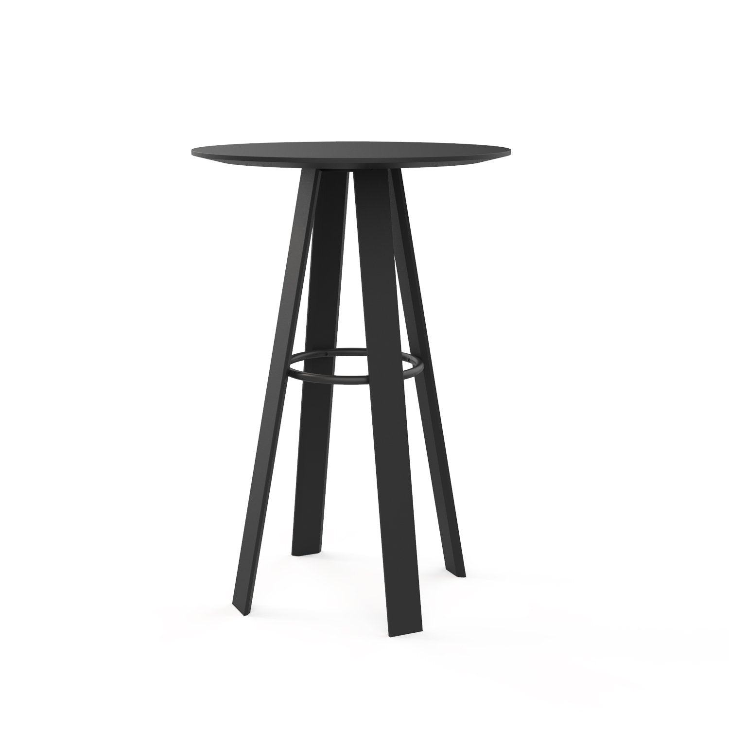 A mesa linear Porventura, com tampo redondo, exibe um design moderno e elegante e uma superfície lisa num ambiente bem iluminado.